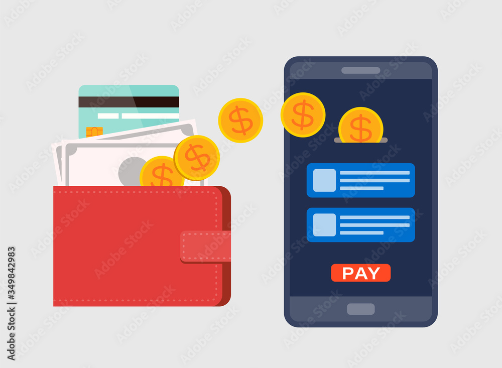 E-Wallet, Digital currency concept. Mobile top up with smartphone. Flat design style illustration.
