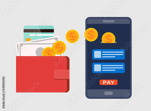 E-Wallet, Digital currency concept. Mobile top up with smartphone. Flat design style illustration.