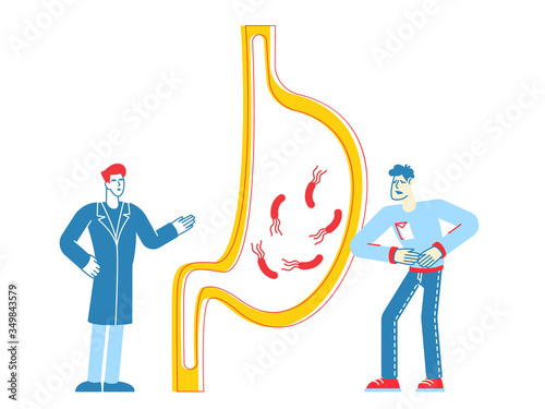 Gastroenterology, Health and Healthcare Concept. Male Doctor Character and Man Patient Touching Painful Stomach Suffering from Stomachache Helicobacter Disease. Linear People Vector Illustration