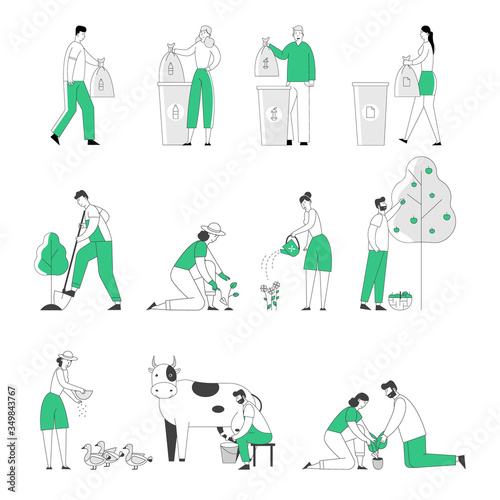 Set of Male and Female Characters Collecting Trash for Recycling. Men and Women Gardening and Farming Works. People Care of Plants and Animals Isolated on White Background. Linear Vector Illustration