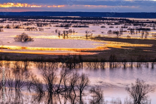 Beautiful landscape with flooded sushi with trees during spring flood at sunset day. View from above.