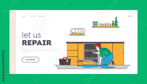 Repairman Household Work Landing Page Template. Handyman Character Fixing Broken Dishwasher Technics at Home. Husband for an Hour Repair Service. Plumber Call Master Work. Linear Vector Illustration