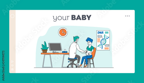 Pregnancy Check Up, Maternity Landing Page Template. Pregnant Woman at Doctor Appointment in Clinic. Male Doctor Character Listening Baby Heart Beating. Linear Vector People Vector Illustration
