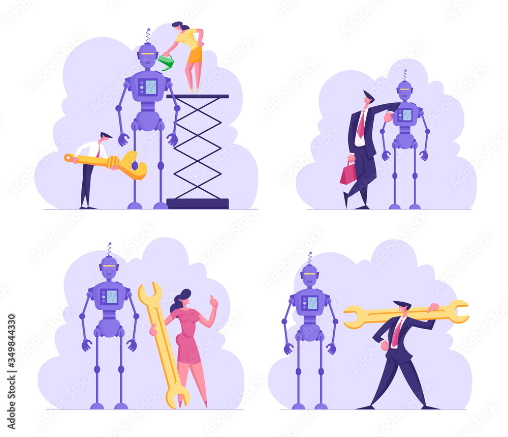 Set Cyborg Creating Process. Engineers or Business People Characters Set Up Huge Robot. Woman with Oiler, Man with Wrench. Artificial Intelligence Assembly Technology. Cartoon Vector Illustration