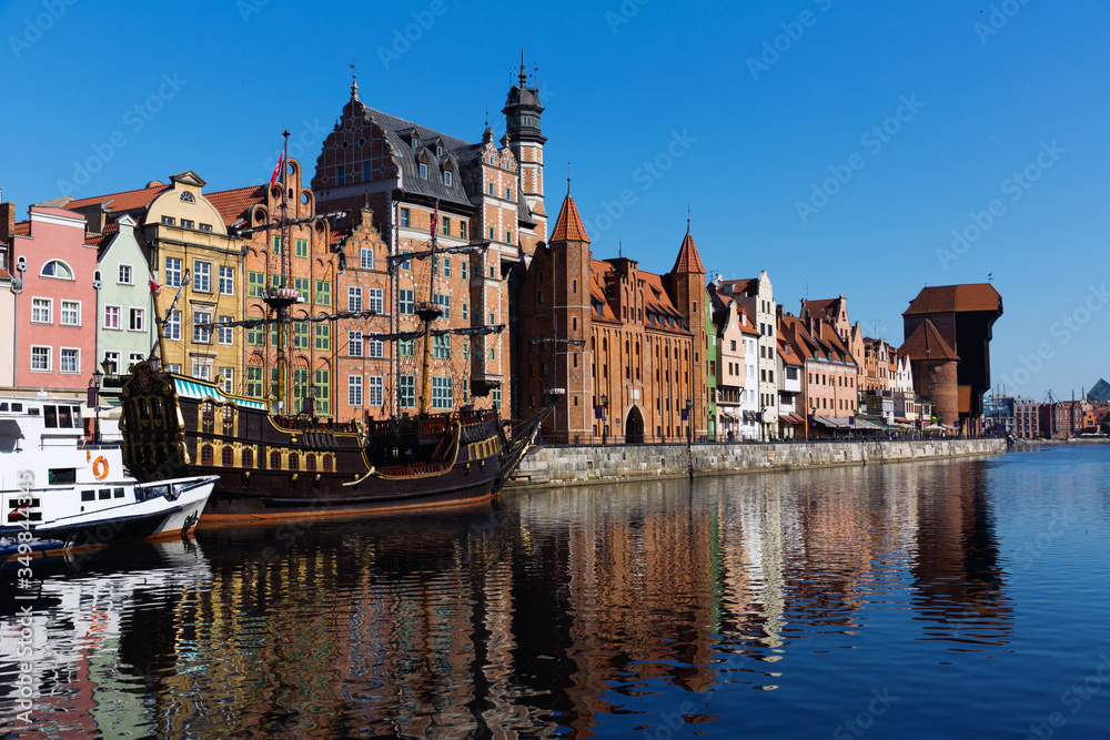 Motlawa river embankment in historical part of Gdansk at sunny day