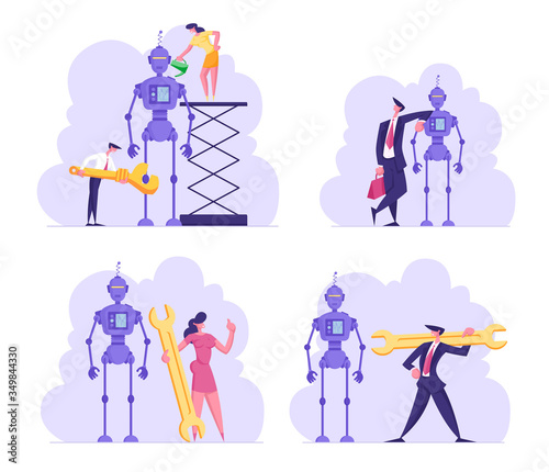 Set Cyborg Creating Process. Engineers or Business People Characters Set Up Huge Robot. Woman with Oiler, Man with Wrench. Artificial Intelligence Assembly Technology. Cartoon Vector Illustration