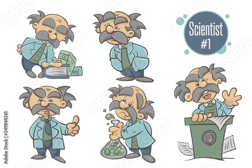 Cartoon scientist professor. A set of funny emotional characters. Vector on a white background