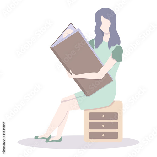 Girl reading book. Read more books concept. Literature fan, bookworm, female student dressed in beautiful dress. Study of huge interesting novel. Flat vector trendy illustration isolated on white.