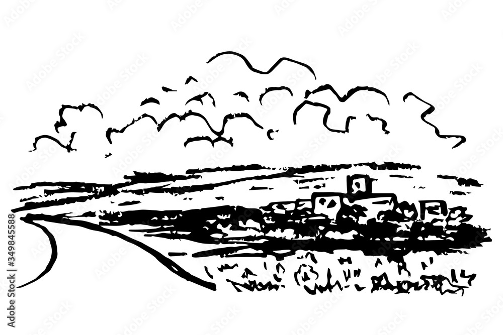Fototapeta premium Simple vector drawing of charcoal pencil. Nature, landscape, suburban road, countryside. Silhouette of mountains, clouds. Black and white sketch.