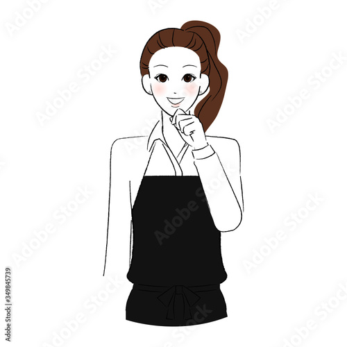 あごに手をあてて微笑む女性店員