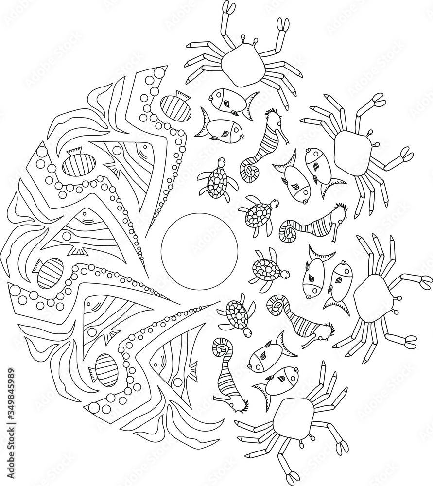 Drawn Sea life circle pattern. colorful round tracery vector set. ocean animals mandala print paper black and white