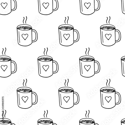 Large mug of coffee or cocoa hand-drawn. Vector seamless doodle pattern on white background. Design for textile, print.