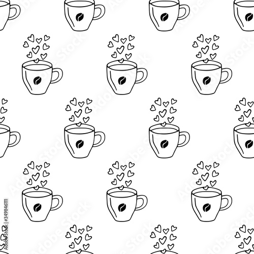 Large mug of coffee or cocoa hand-drawn. Vector seamless doodle pattern on white background. Design for textile, print