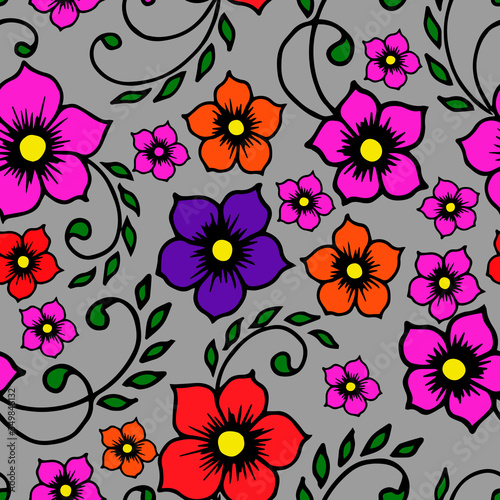 seamless pattern, pattern of stylized flowers and leaves, in vivid colors, ethnic style, wallpaper and fabric ornament, wrapping paper