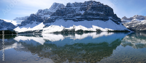 Panorama of the bow lake in the Banff National Park, Alberta Canada during Winter on a Roadtrip of the Icefield Parkway.