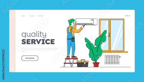 Husband for an Hour, Technics Repair Service, Landing Page Template. Handy Man Character Fixing Broken Conditioner at Home or Office. Electrician Call Master at Work. Linear Vector Illustration
