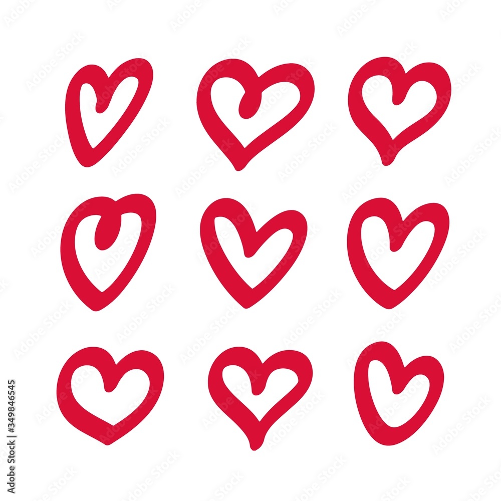 Hand drawn hearts set isolated on white background. Vector love heart design elements. Clipart objects for decoration.