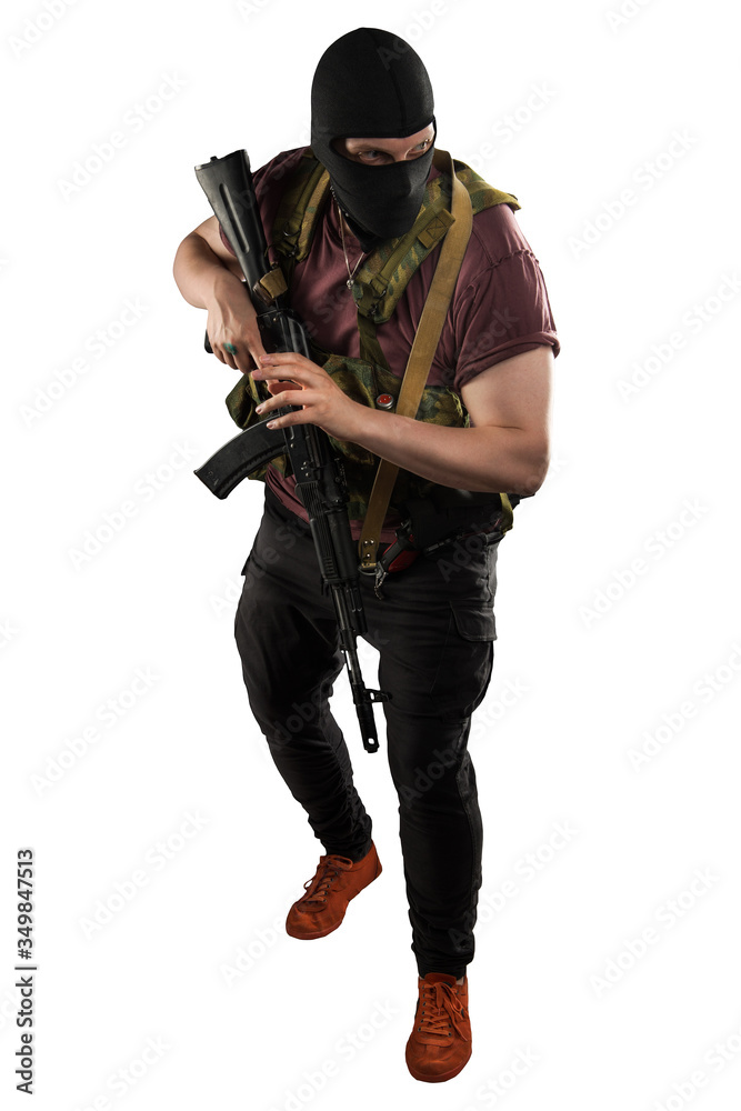 post-apocalyptic soldier. style of dress from 90's. shot in studio. isolated with clipping path on white background post-apocalyptic soldier. style of dress from 90's. shot in studio. isolated with clipping path on white background