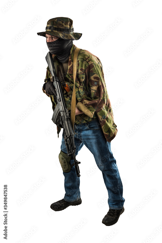 post-apocalyptic soldier. style of dress from 90's. shot in studio. isolated with clipping path on black background post-apocalyptic soldier. style of dress from 90's. shot in studio. isolated with clipping path on black background