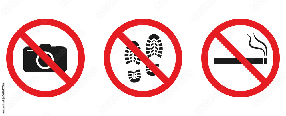 Set of prohibition symbols. No smoking, no photos, no walking. Vector illustration on a white background. Set of prohibition symbols. No smoking, no photos, no walking. Vector illustration on a white background.