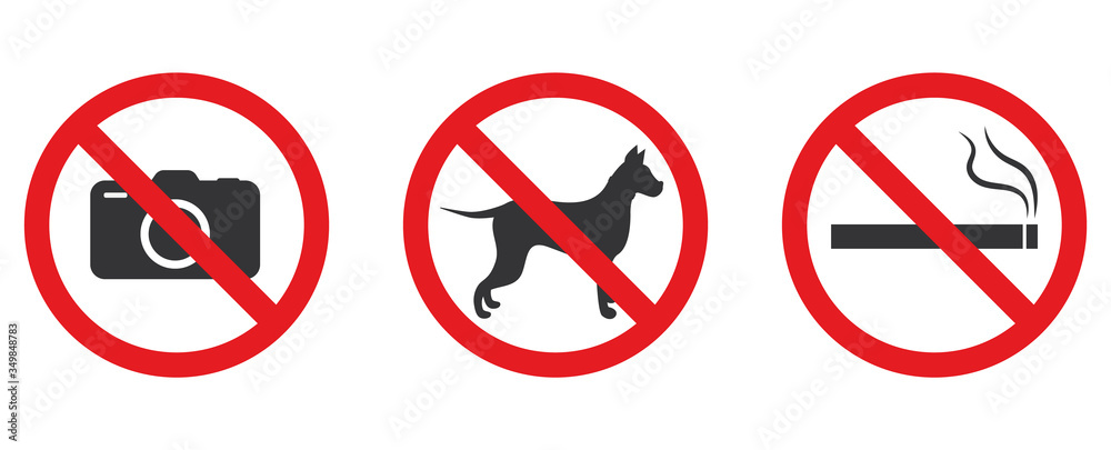 Set of prohibition characters. Do not smoke, not a photo, not a dog. Vector illustration on a white background. Set of prohibition characters. Do not smoke, not a photo, not a dog. Vector illustration on a white background.