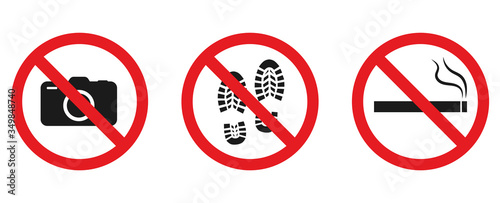 Set of prohibition symbols. No smoking, no photos, no walking. Vector illustration on a white background.