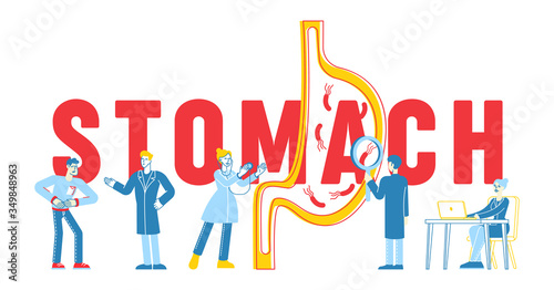 Stomach Abdominal Pain Concept. Gastrointestinal Indigestion Symptom, Helicobacter, Diarrhea, Constipation Disease, Illness. Medicine Characters Poster Banner Flyer. Linear People Vector Illustration