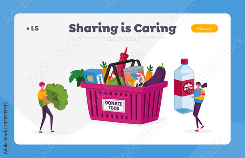 Volunteers Teamwork Landing Page Template. Tiny Characters Carry Huge Water Bottle and Broccoli for Collecting Donation Box. Altruistic Behavior and Philanthropy. Cartoon People Vector Illustration