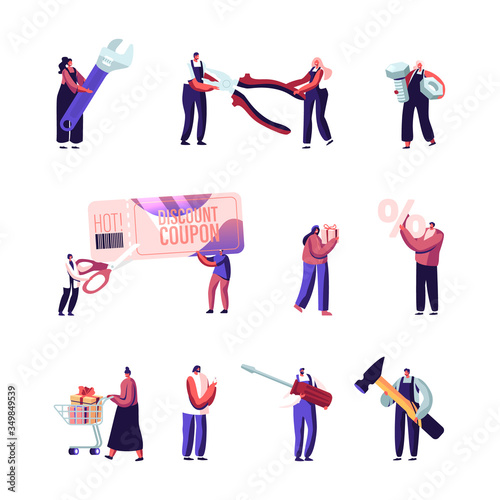 Set of Tiny Male and Female Characters Holding Huge Construction Tools and Instruments, Discount Coupon, Ring and Percent Sign. People Doing Handyman Work and Shopping. Cartoon Vector Illustration