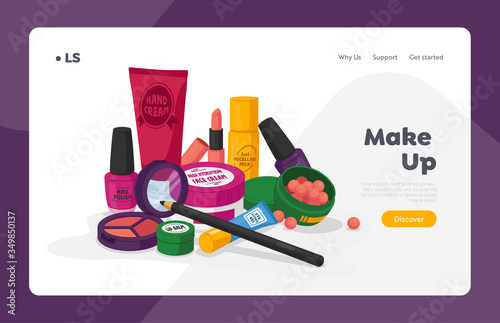 Female Cosmetics Landing Page Template. Nail Polish, Hand Cream and Lip Balm, Hydration Face Cream, Eye Hydro Gel and Lipstick, Mascara, Powder, Micellar Milk. Eye Shadow. Cartoon Vector Illustration