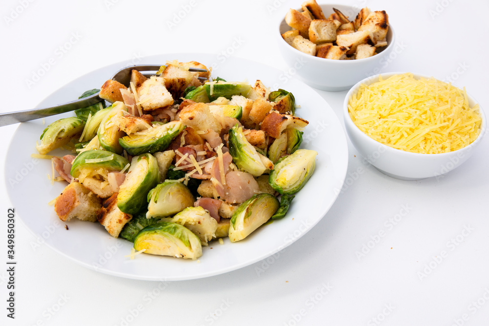 Roasted Brussel Sprouts, Bacon and Croutons