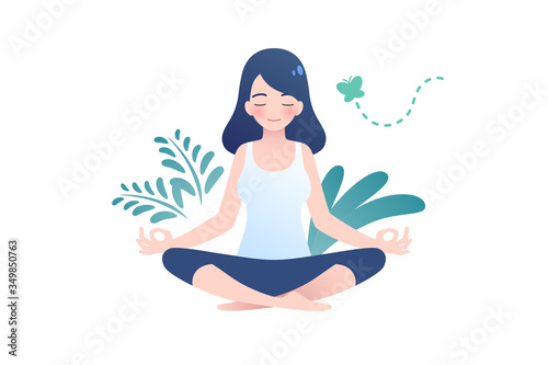 woman meditate lotus posture nature background illustration cartoon style