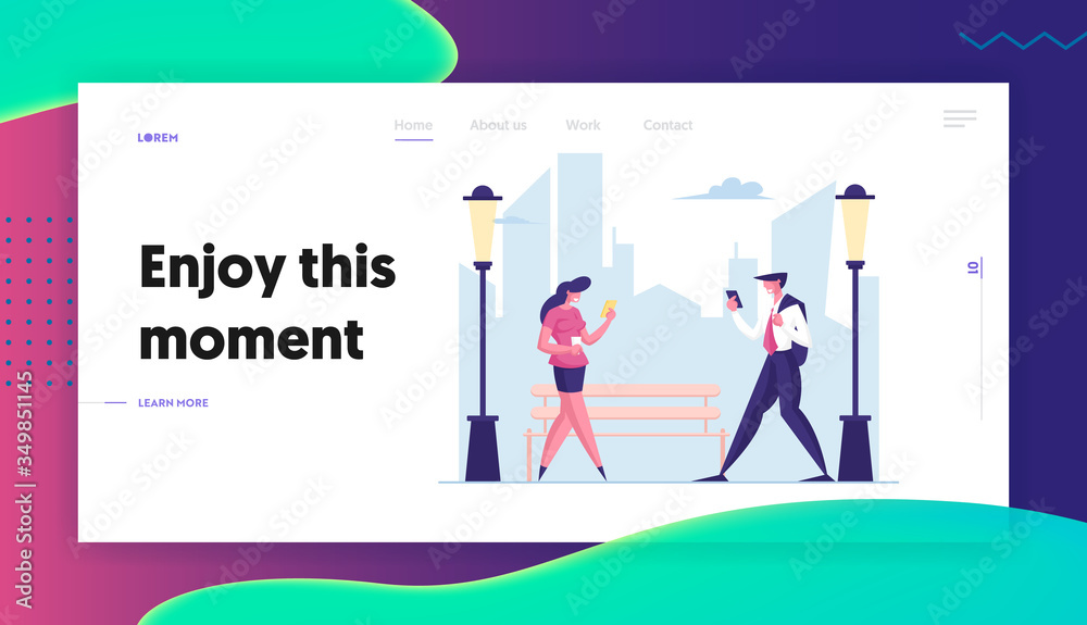 Characters Use Smart Technology Landing Page Template. Business People Use Mobile Phones while Walking at Work on City Street. Drinking Coffee, Reading Social Media News. Cartoon Vector Illustration Characters Use Smart Technology Landing Page Template. Business People Use Mobile Phones while Walking at Work on City Street. Drinking Coffee, Reading Social Media News. Cartoon Vector Illustration
