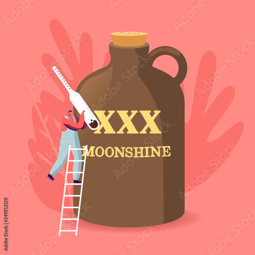 Tiny Male Character Holding Alcohol Meter Stand on Ladder at Huge Jug with XXX Moonshine Inscription. Homemade Alcohol Drink Cooking Process, Manufacturing Technology. Cartoon Vector Illustration