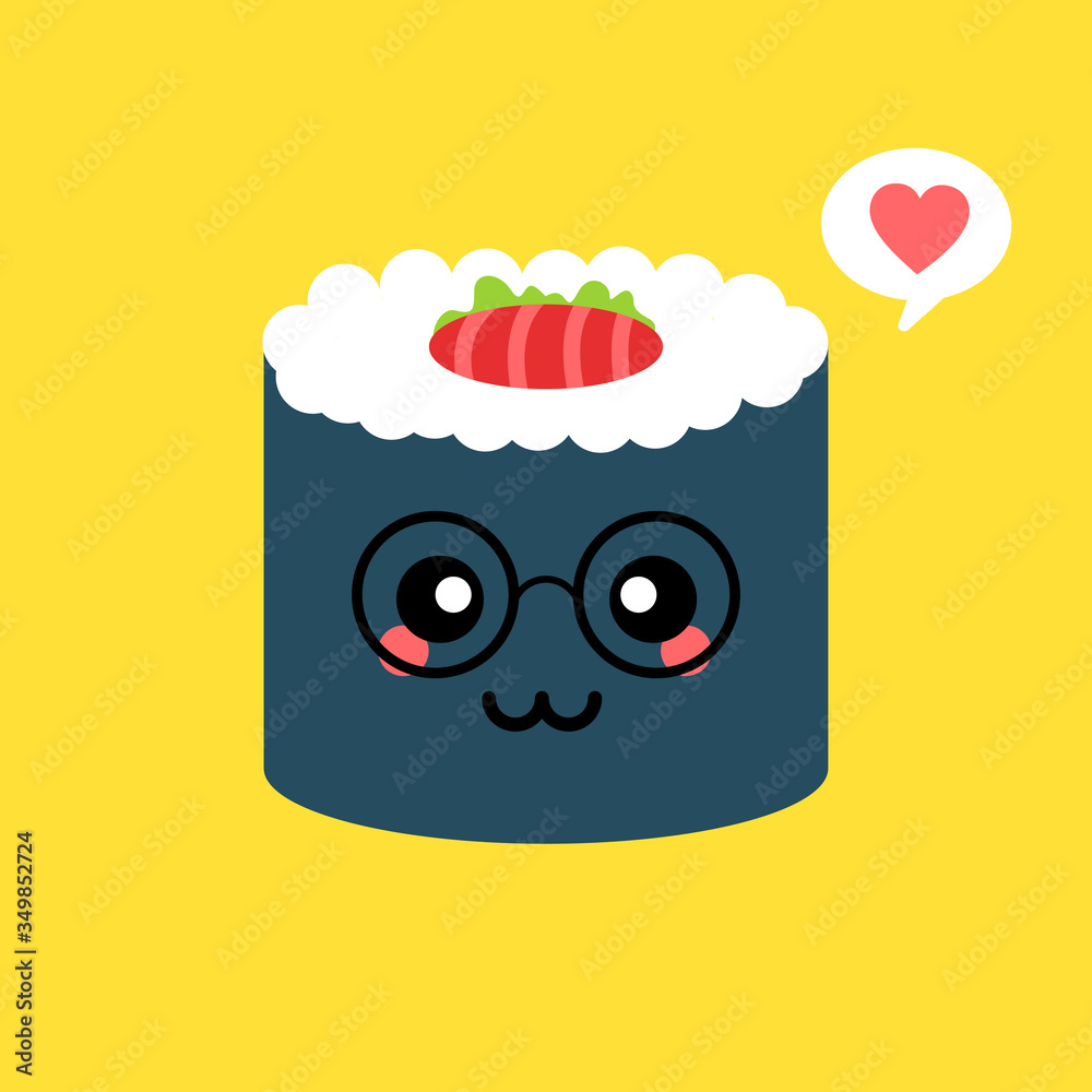 Fototapeta premium Cute happy funny smiling sushi,roll. Happy Sushi Roll Cartoon Mascot Character Waving. Vector Illustration Flat Style Isolated On color background