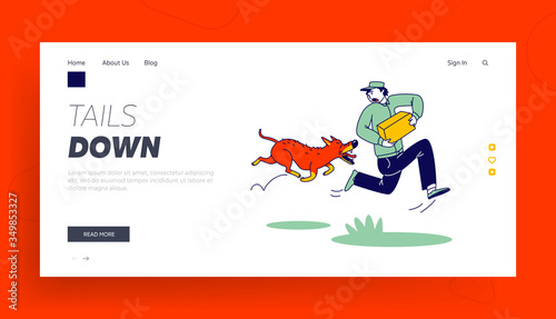 Danger of Mailman Work Landing Page Template. Delivery Man Character with Parcel in Hands Run Away of Aggressive Dog. Angry Animal Protect Territory of Stranger, Pet Attack. Linear Vector Illustration