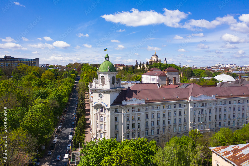 Aerial view on Lviv Railway administration building in Lviv, Ukraine from drone