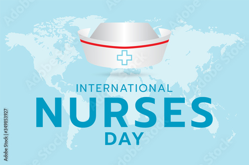 International nurse day, generated image nurse cap and text design on the world map and cyan background.