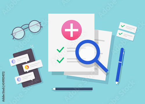 Medical health research paper report or insurance check list vector flat cartoon, illustrated medicine document on work desk table top view, approved good diagnose test analyze modern image workplace
