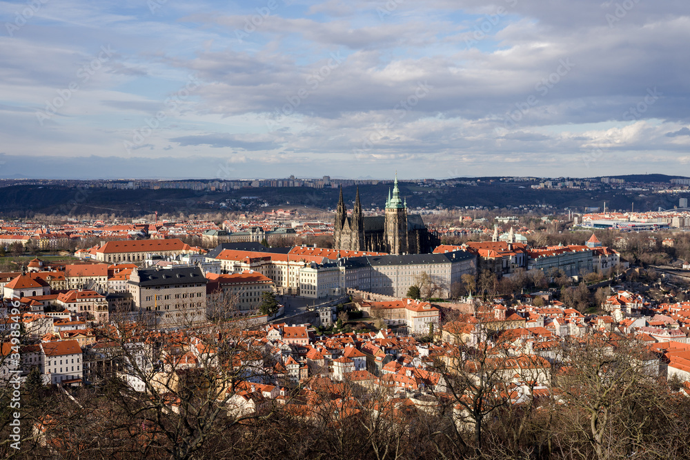 Panorama of Prague with Saint Vitus Chatedral, view for Petrin Tower at sunset
