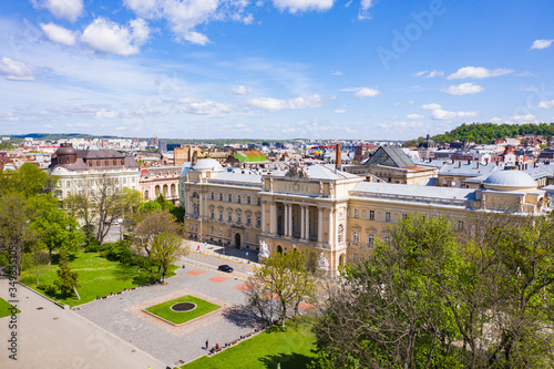 Aerial veiw on Ivan Franko National University of Lviv from drone photo