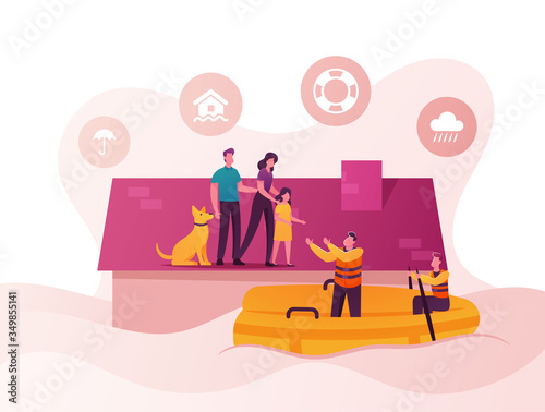 Family Characters Need Help at Flood. Man, Woman, Little Girl and Dog Stand House Roof, Rescues on Boat Evacuate People. Storm Consequences, Global Inundation Evacuation. Cartoon Vector Illustration