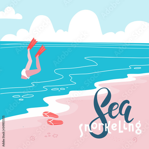 Sea snorkeling- Colorful flat vector cartoonstyle art with a diving woman in flippers. Sand beach landscape. Travel concept.Vector flat illustration © LanaSham