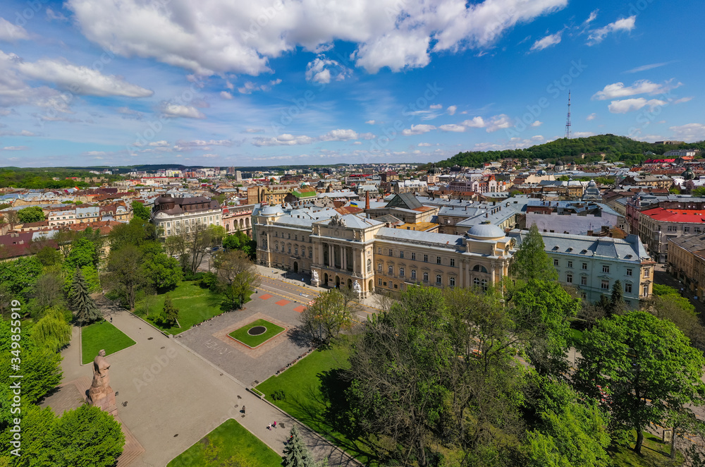 Aerial veiw on Ivan Franko National University of Lviv from drone