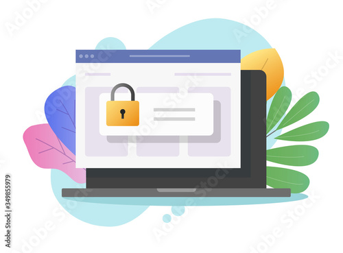 Password secure access on laptop computer on web internet browser window vector flat cartoon, pc lock or padlock as digital privacy website entry online, protection or authorization colorful image