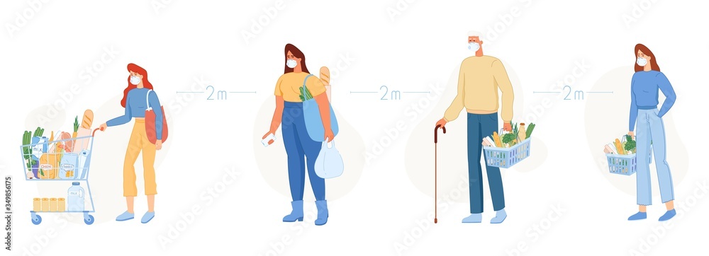 People in medical masks, keep their distance standing in line. People in medical masks, keep their distance standing in line.