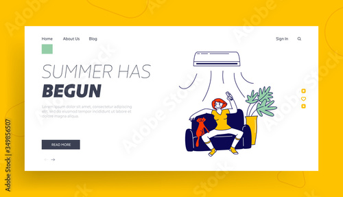 Summertime Season Heating Landing Page Template. Woman Suffering of Heat Use Conditioner. Girl Character with Smiling Face Feeling Good in Warm Summer Extreme Hot Weather. Linear Vector Illustration