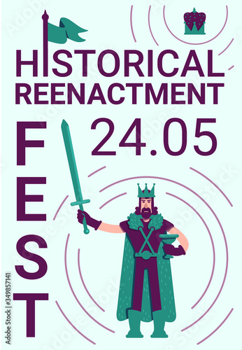 Historical reenactment festival poster flat vector template. Fantasy Medieval. Brochure, booklet one page concept design with cartoon characters. Role play game event flyer, leaflet