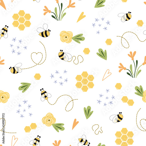 Fototapeta Bee honey pattern Bee floral yellow template Bee seamless pattern Cute honey templates digital paper