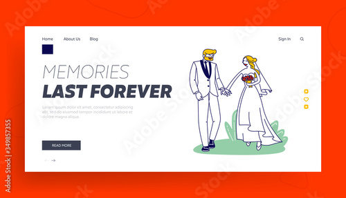 Wedding Ceremony Landing Page Template. Happy Bridal Couple Characters Man and Woman Getting Married. Bride and Groom Holding Hands. Newlywed People, Love Relations. Linear Vector Illustration